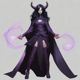 The standard tiefling from the D&D universe wears a black witch dress with rips