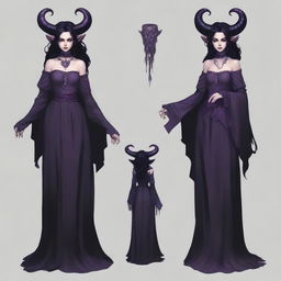 The standard tiefling from the D&D universe wears a black witch dress with rips