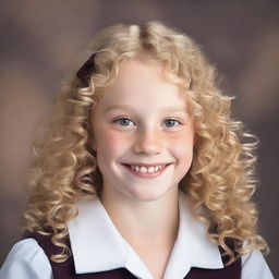 A school photo of a girl with light blonde curly hair, fair skin, and dark brown eyes