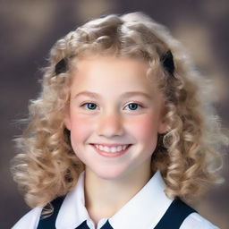 A school photo of a girl with light blonde curly hair, fair skin, and dark brown eyes