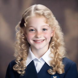 A school photo of a girl with light blonde curly hair, fair skin, and dark brown eyes