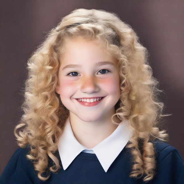 A school photo of a girl with light blonde curly hair, fair skin, and dark brown eyes