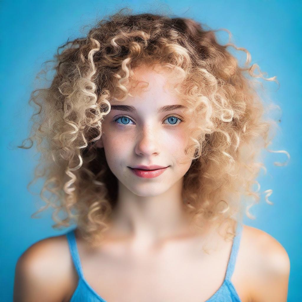 A girl with light blonde curly hair, fair skin, and dark brown eyes in a photo with a blue background