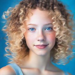 A girl with light blonde curly hair, fair skin, and dark brown eyes in a photo with a blue background