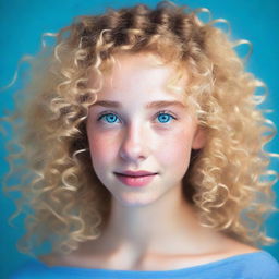 A girl with light blonde curly hair, fair skin, and dark brown eyes in a photo with a blue background