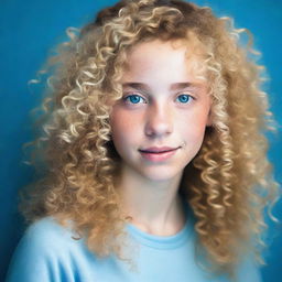 A girl with light blonde curly hair, fair skin, and dark brown eyes in a photo with a blue background