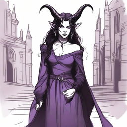 A sketch drawing of a standard D&D tiefling in a medieval setting