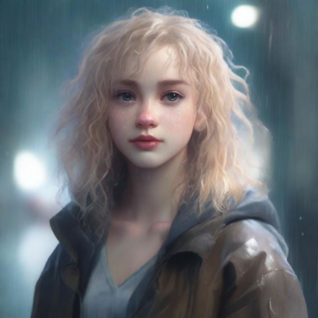 A girl with light blonde curly hair, fair skin, and dark brown eyes standing in a rainy environment