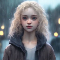 A girl with light blonde curly hair, fair skin, and dark brown eyes standing in a rainy environment