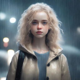 A girl with light blonde curly hair, fair skin, and dark brown eyes standing in a rainy environment