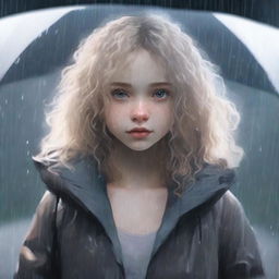 A girl with light blonde curly hair, fair skin, and dark brown eyes standing in a rainy environment