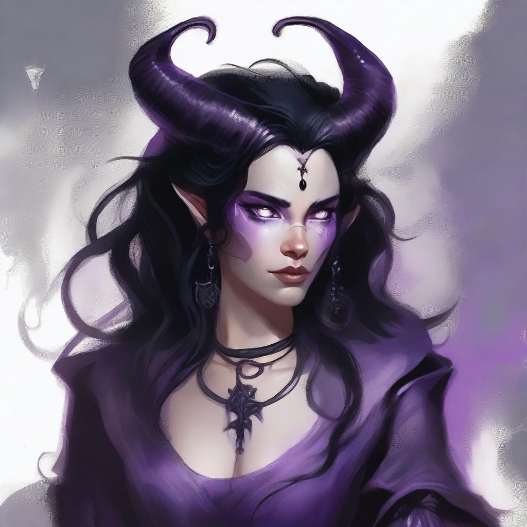 The standard tiefling from the D&D universe wears a tattered black witch dress, has wavy black hair, and purple eyes