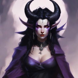 The standard tiefling from the D&D universe wears a tattered black witch dress, has wavy black hair, and purple eyes