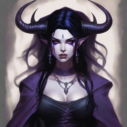 The standard tiefling from the D&D universe wears a tattered black witch dress, has wavy black hair, and purple eyes