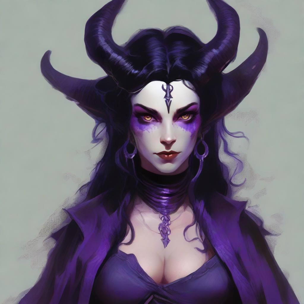 The standard tiefling from the D&D universe wears a tattered black witch dress, has wavy black hair, and purple eyes