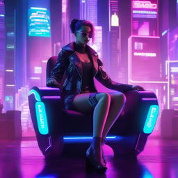 A cyberpunk ambient scene featuring a woman sitting in a futuristic chair