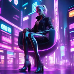 A cyberpunk ambient scene featuring a woman sitting in a futuristic chair