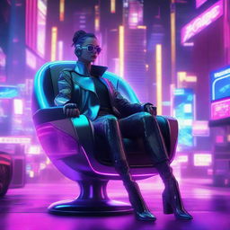 A cyberpunk ambient scene featuring a woman sitting in a futuristic chair