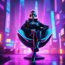 A cyberpunk ambient scene featuring a woman sitting in a futuristic chair