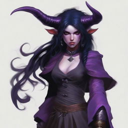 The standard tiefling from the D&D universe wears a tattered black witch dress, has wavy black hair, and purple eyes