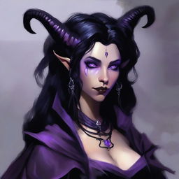 The standard tiefling from the D&D universe wears a tattered black witch dress, has wavy black hair, and purple eyes