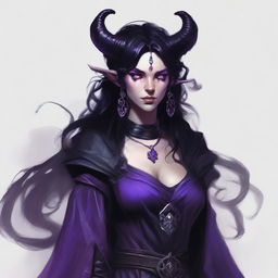 The standard tiefling from the D&D universe wears a tattered black witch dress, has wavy black hair, and purple eyes