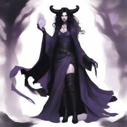 The standard tiefling from the D&D universe wears a tattered black witch dress, has wavy black hair, and purple eyes