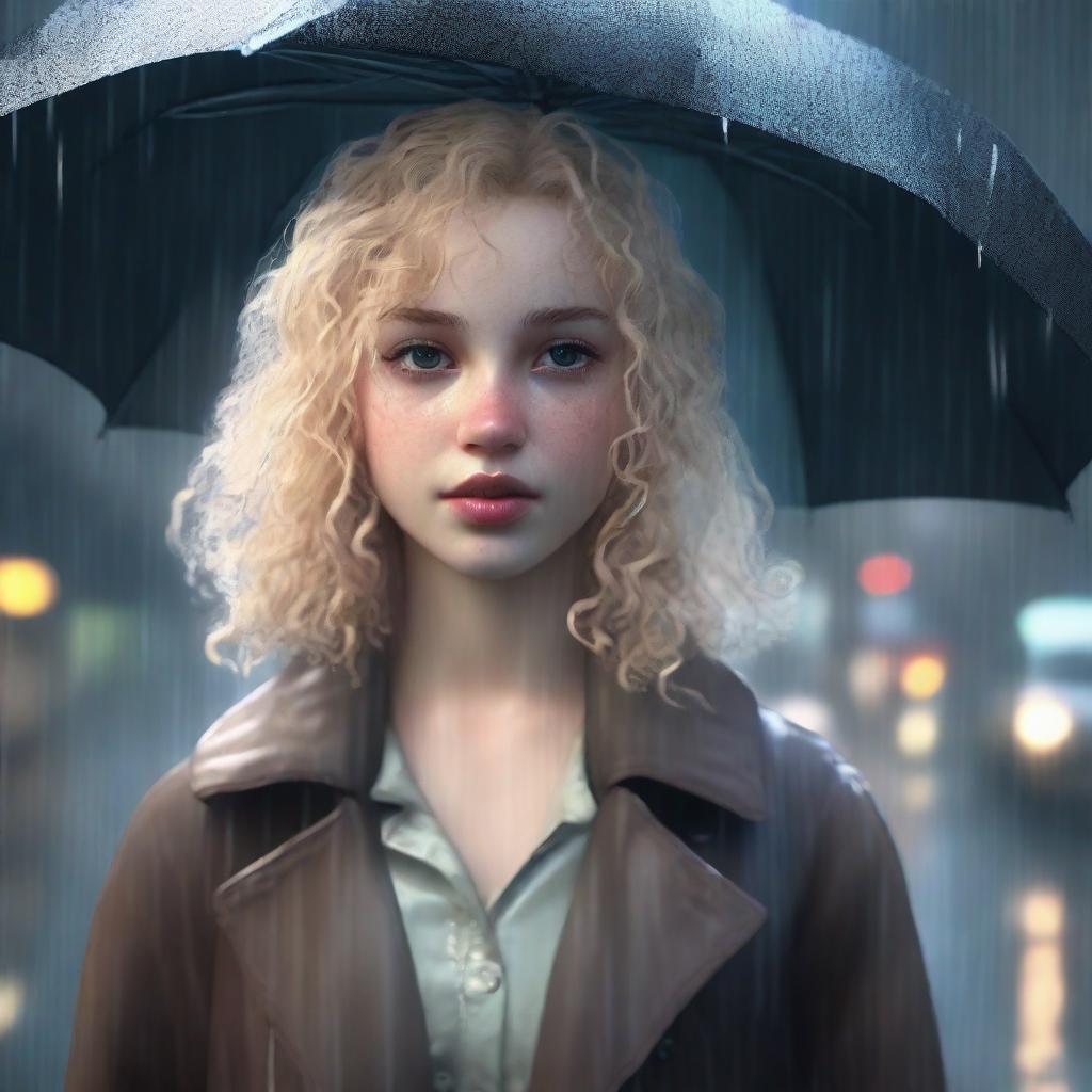 A realistic scene featuring a girl with light blonde curly hair, fair skin, and dark brown eyes in a rainy environment