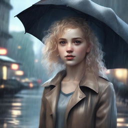 A realistic scene featuring a girl with light blonde curly hair, fair skin, and dark brown eyes in a rainy environment