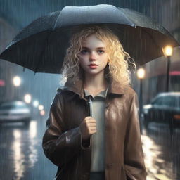 A realistic scene featuring a girl with light blonde curly hair, fair skin, and dark brown eyes in a rainy environment