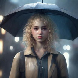 A realistic scene featuring a girl with light blonde curly hair, fair skin, and dark brown eyes in a rainy environment