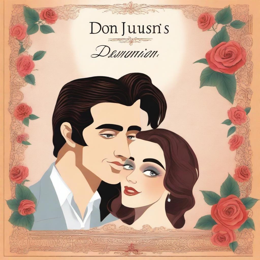 A cover for a story book about Don Juanism, depicting a charismatic and charming protagonist surrounded by romantic interests