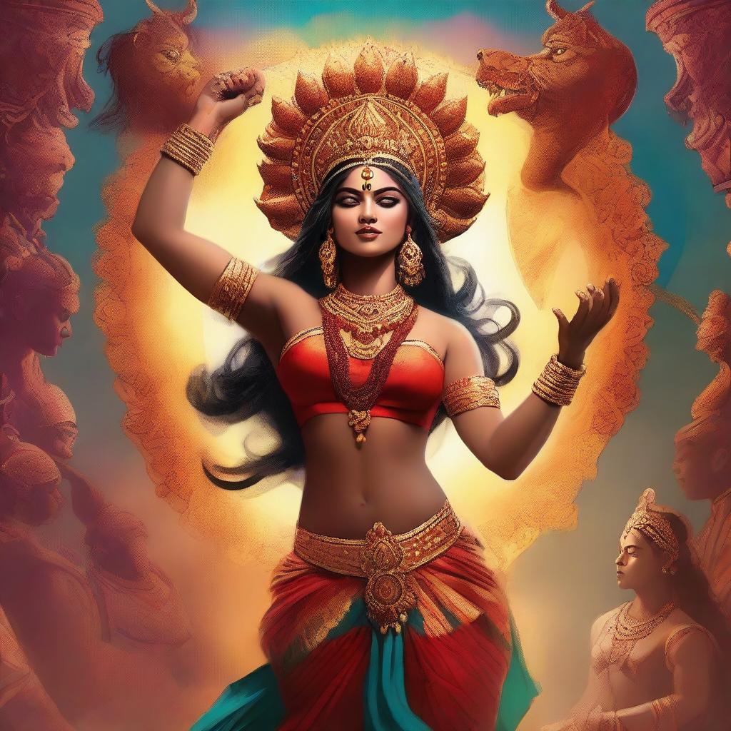 A powerful and muscular Indian goddess, dressed in traditional attire, lifting a demon high above her head in a show of strength