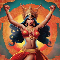 A powerful and muscular Indian goddess, dressed in traditional attire, lifting a demon high above her head in a show of strength