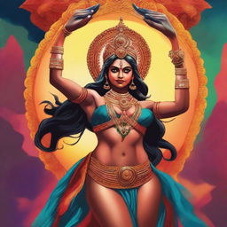 A powerful and muscular Indian goddess, dressed in traditional attire, lifting a demon high above her head in a show of strength