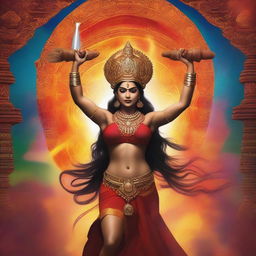 A powerful and muscular Indian goddess, dressed in traditional attire, lifting a demon high above her head in a show of strength