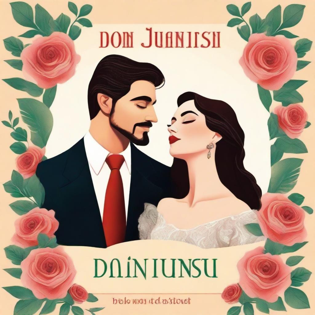 A cover for a story book about Don Juanism, depicting a charismatic and charming protagonist surrounded by romantic interests