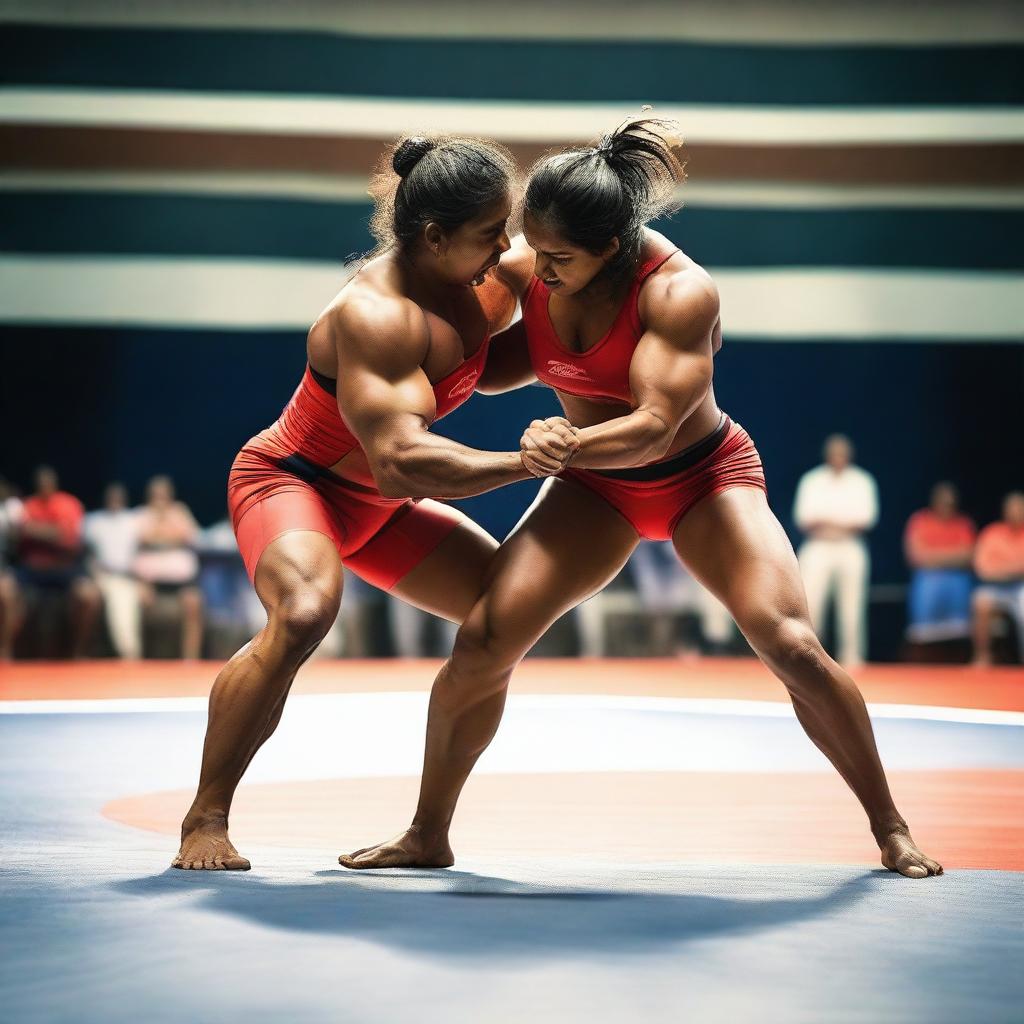 An image of a muscular Indian woman bodybuilder wrestling a man in a competitive setting