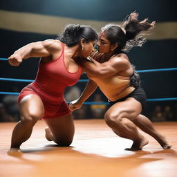 An image of a muscular Indian woman bodybuilder wrestling a man in a competitive setting