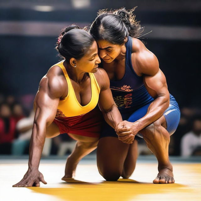 An image of a muscular Indian woman bodybuilder wrestling a man in a competitive setting