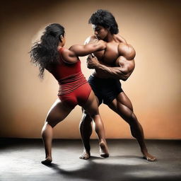 An image of a muscular Indian woman bodybuilder wrestling a man in a competitive setting