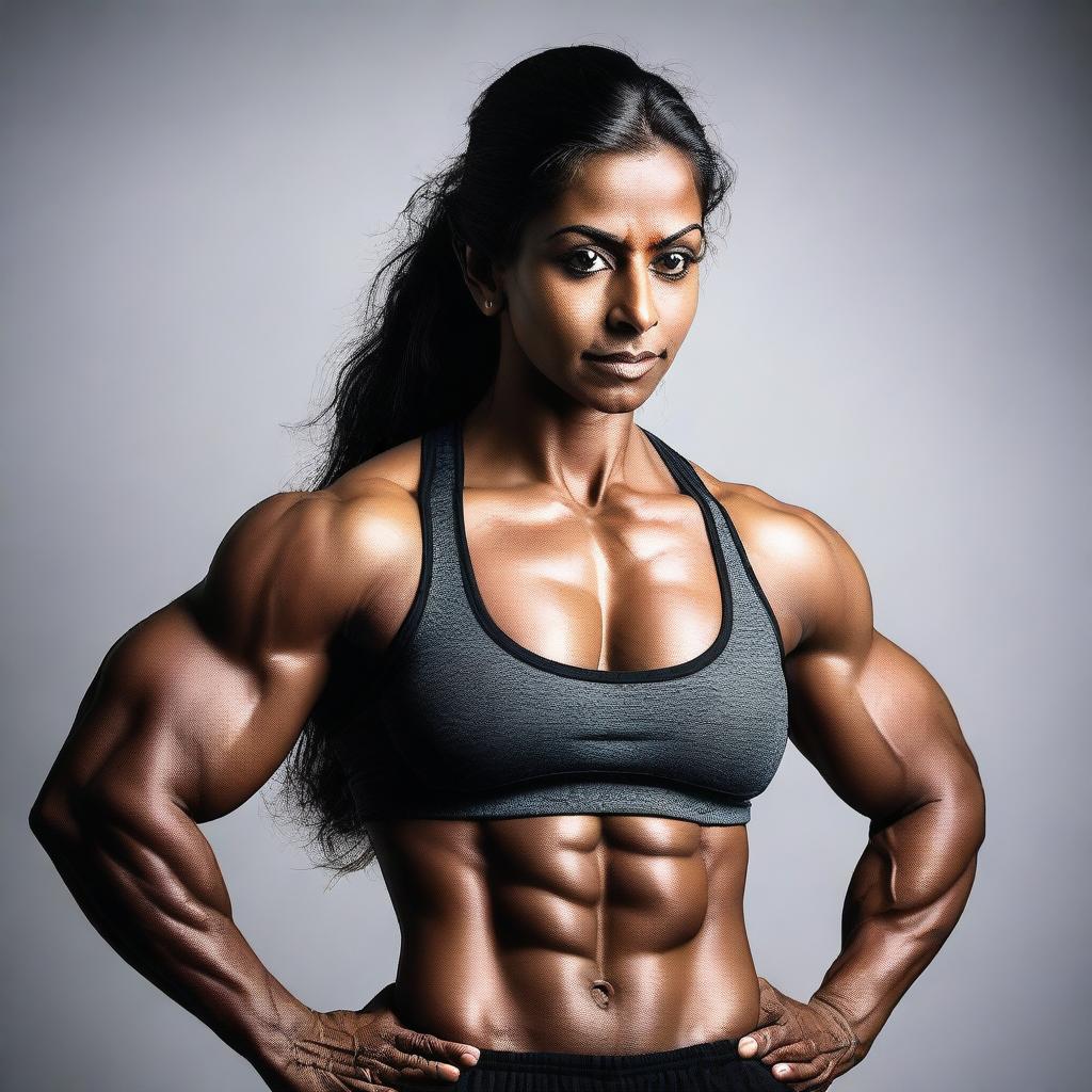 A detailed image of a muscular Indian woman bodybuilder