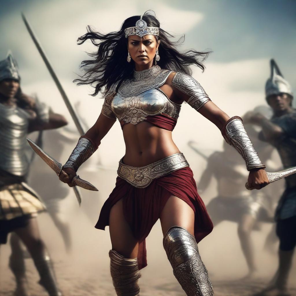 A powerful image of an Indian muscular queen in a war setting, defeating men in battle