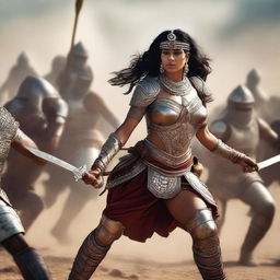 A powerful image of an Indian muscular queen in a war setting, defeating men in battle