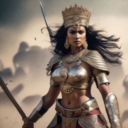 A powerful image of an Indian muscular queen in a war setting, defeating men in battle