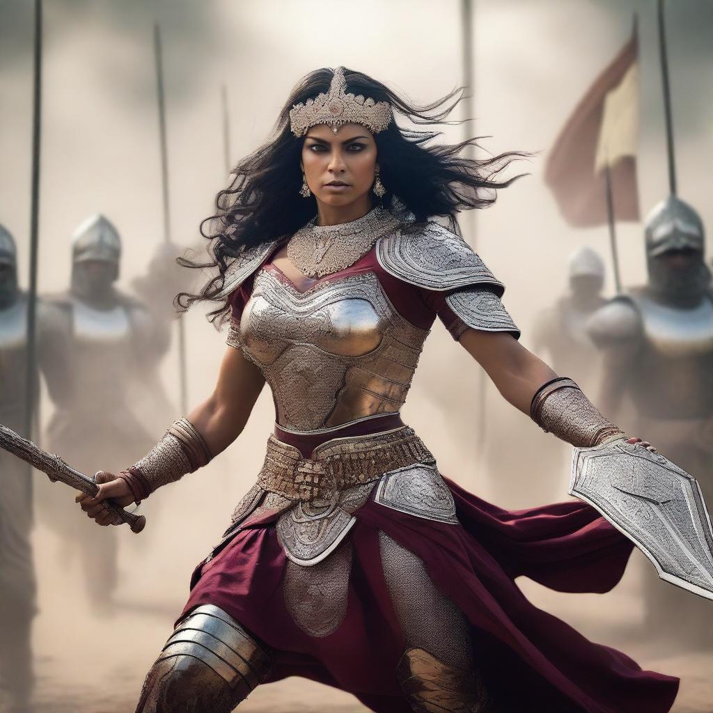 A powerful image of an Indian muscular queen in a war setting, defeating men in battle