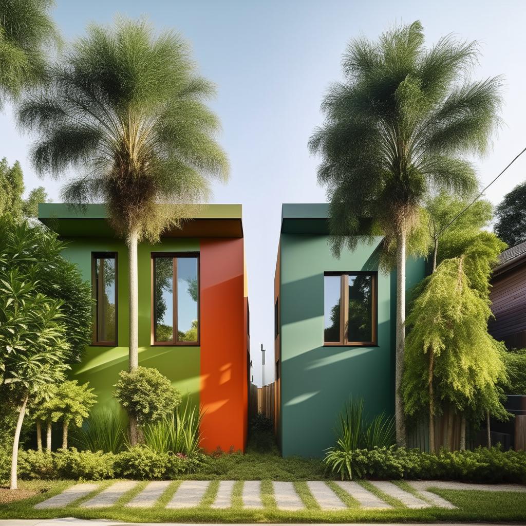 A 35*34 square feet duplex house exterior with a modern design, painted with a vibrant combination of green colors. It has large windows, and lush landscaping.