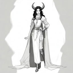 A medieval sketch of a tiefling witch with black hair, wearing medieval woman's clothing