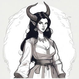 A medieval sketch of a tiefling witch with black hair, wearing medieval woman's clothing