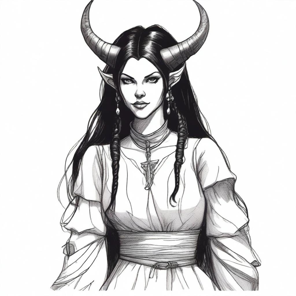 A medieval sketch of a tiefling witch with black hair, wearing medieval woman's clothing